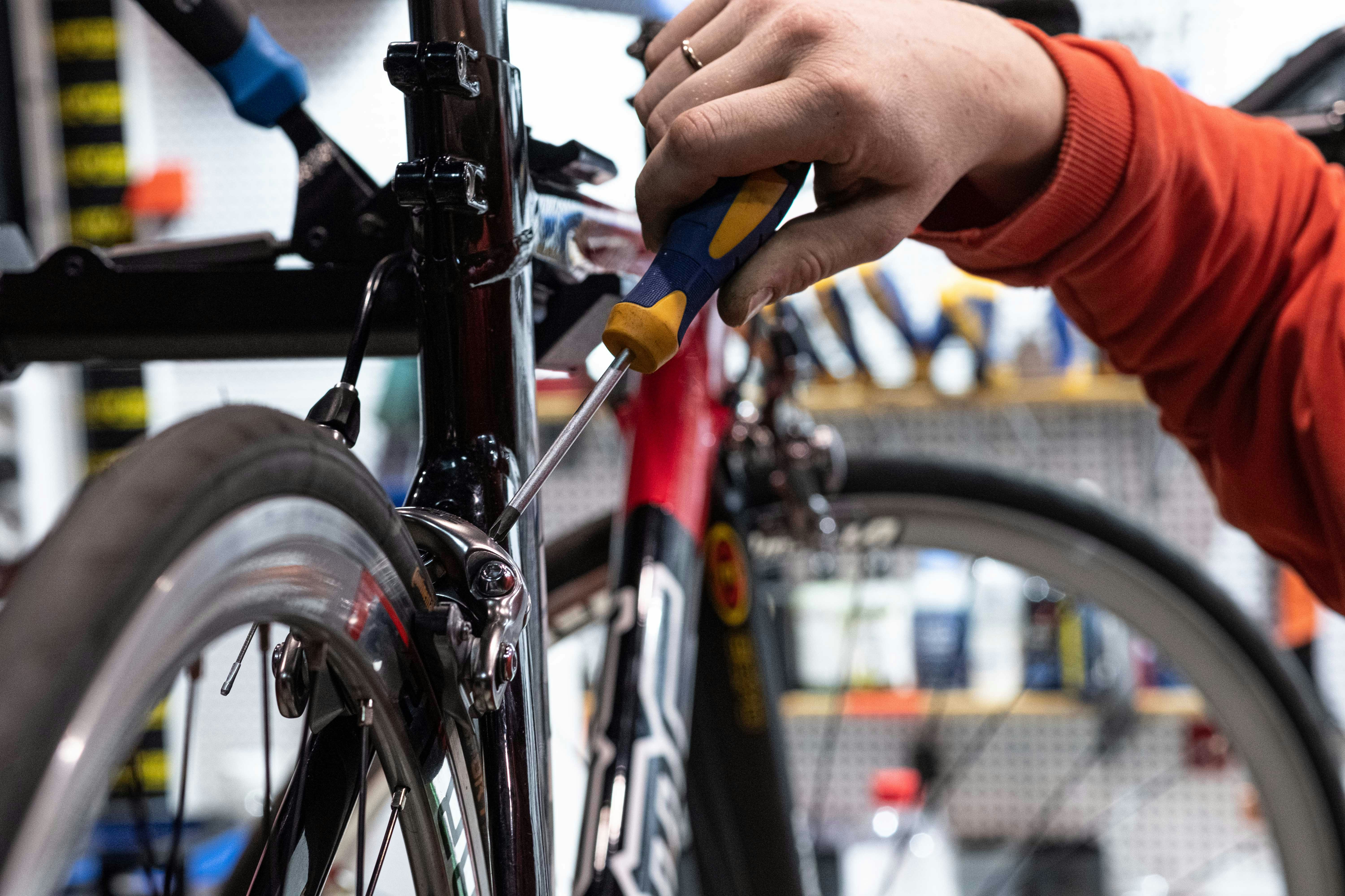 Wall of bicycle repair tools used for a full tune-up